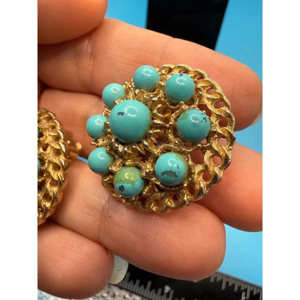 Vintage‎ Kramer of New York Faux Turquoise Gold Tone Filigree Clip On Earrings